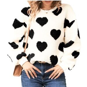 Women’s Fuzzy Heart Sweater. Ivory With Black Hearts. Size XL.